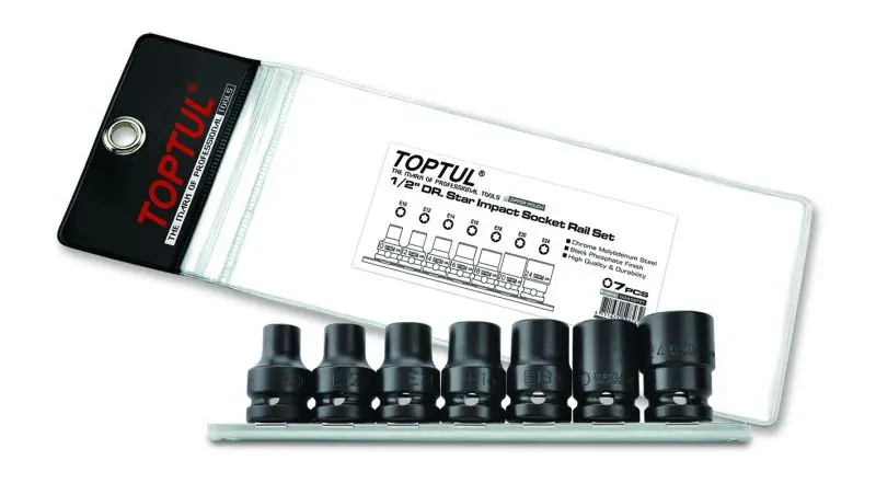 Набір насадок 1/2" (однотипні), 7 шт, профіль: e-torx, розмір ключа для гнізда E-TORX: E10, E12, E14, E16, E18, E20, E24,, для відкручування / для затягування Toptul GDAG0701 (фото 1)