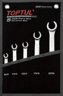 (EN) Double-ended flare nut wrench комплектація 5 шт, 12-кутна: 8x10, 11x13, 12x14, 17x19, 22x24, кут: 15°, футляр з тканини Toptul GPAQ0502