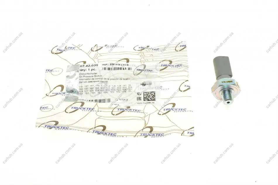 Датчик тиску оливи VW Caddy 1.9TDI/T5 2.0-2.5TDi 95- (0.75-1.05 bar) (сірий) TRUCKTEC 07.42.039 (фото 1)