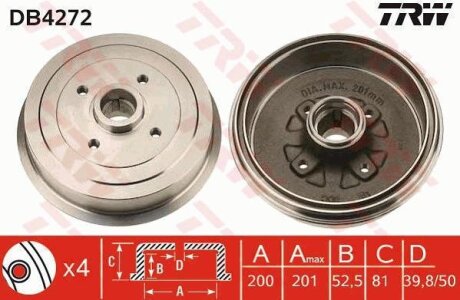 Фото гальмівний барабан задн CHEVROLET LANOS DAEWOO ARANOS, ESPERO, LANOS, NUBIRA, PRINCE FSO LANOS ZAZ CHANCE 1.3-2.0 08.93- TRW DB4272 Гальмівний барабан задн CHEVROLET LANOS DAEWOO ARANOS, ESPERO, LANOS, NUBIRA, PRINCE FSO LANOS ZAZ CHANCE 1.3-2.0 08.93- TRW DB4272