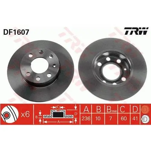 Диск гальмівний передн лів/прав OPEL CORSA A, CORSA A TR, KADETT D, KADETT E, KADETT E COMBO 1.0-1.4 08.79-07.94 TRW DF1607 (фото 1)
