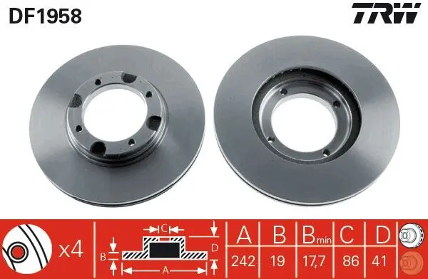 Диск гальмівний передн лів/прав HYUNDAI ACCENT, ACCENT I, PONY, PONY / EXCEL, S 1.3/1.5 10.85-01.00 TRW DF1958 (фото 1)
