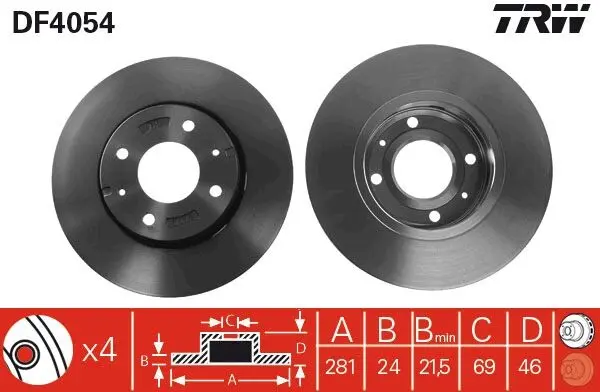 Диск гальмівний передн лів/прав VOLVO S40 I, S40 II, V40 MITSUBISHI CARISMA 1.3-2.0D 05.95-12.10 TRW DF4054 (фото 1)