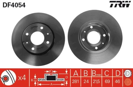 Диск гальмівний передн лів/прав VOLVO S40 I, S40 II, V40 MITSUBISHI CARISMA 1.3-2.0D 05.95-12.10 TRW DF4054