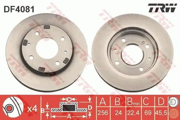 Диск гальмівний передн лів/прав VOLVO S40 I, V40 HYUNDAI SANTAMO KIA JOICE, SPORTAGE II MITSUBISHI CARISMA, GALANT VI, GALANT VII, GALANT VIII, LANCER V, LANCER VII 1.3-2.5 06.87-12.13 TRW DF4081 (фото 1)