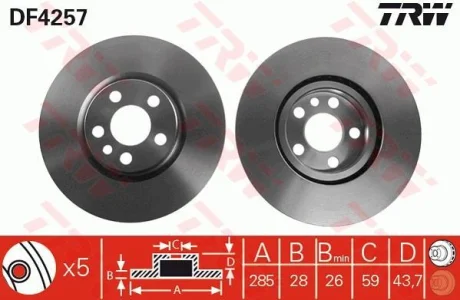 Диск гальмівний передн лів/прав CITROEN C8, JUMPY I FIAT SCUDO, ULYSSE LANCIA PHEDRA PEUGEOT 807, EXPERT 1.6-3.0 10.95- TRW DF4257