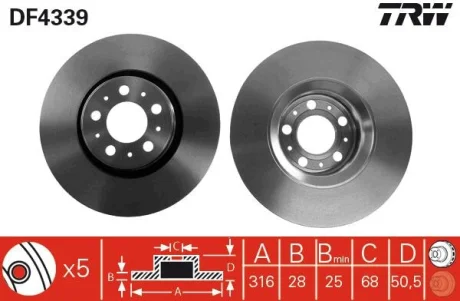 Диск гальмівний передн лів/прав VOLVO S60 I, V70 II, XC90 I 2.0-4.4 03.00-12.14 TRW DF4339