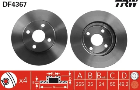 Диск гальмівний передн лів/прав BYD F3, F3R TOYOTA COROLLA, COROLLA VERSO 1.4-1.8 08.01- TRW DF4367