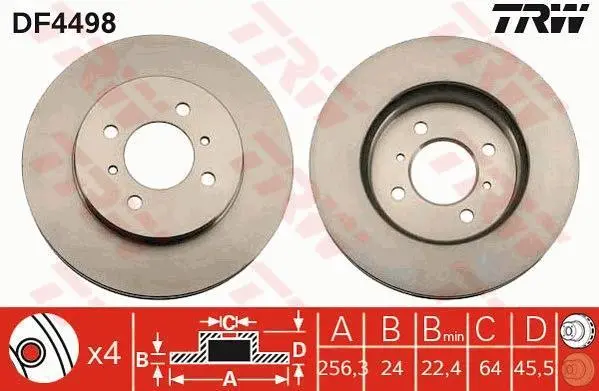 Диск гальмівний передн лів/прав MITSUBISHI COLT IV, LANCER IV, LANCER V, LANCER VI, LANCER VII 1.3-2.0 07.91-12.13 TRW DF4498 (фото 1)