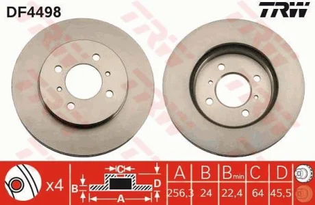 Диск гальмівний передн лів/прав MITSUBISHI COLT IV, LANCER IV, LANCER V, LANCER VI, LANCER VII 1.3-2.0 07.91-12.13 TRW DF4498