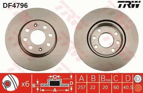 Диск гальмівний передн лів/прав FIAT DOBLO, GRANDE PUNTO, PUNTO, PUNTO EVO, STILO LANCIA YPSILON OPEL ADAM, CORSA D, CORSA E 0.9-1.9D 10.01- TRW DF4796 (фото 1)