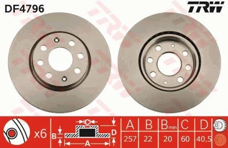 Диск гальмівний передн лів/прав FIAT DOBLO, GRANDE PUNTO, PUNTO, PUNTO EVO, STILO LANCIA YPSILON OPEL ADAM, CORSA D, CORSA E 0.9-1.9D 10.01- TRW DF4796
