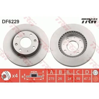 Диск гальмівний передн лів/прав KIA CERATO I 1.5D-2.0D 03.04-12.09 TRW DF6229