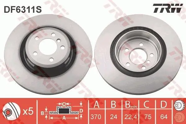 Диск гальмівний задн лів/прав BMW 5 GRAN TURISMO (F07), 7 (F01, F02, F03, F04) 3.0D-6.0 09.08-02.17 TRW DF6311S (фото 1)