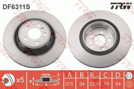 Диск гальмівний задн лів/прав BMW 5 GRAN TURISMO (F07), 7 (F01, F02, F03, F04) 3.0D-6.0 09.08-02.17 TRW DF6311S