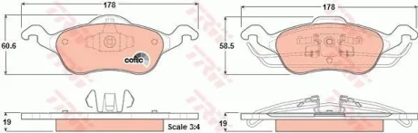 Комплект гальмівних колодок передн, FORD FOCUS I FORD USA FOCUS ZX3, FOCUS ZX5 1.4-2.0 08.98-03.05 TRW GDB1358