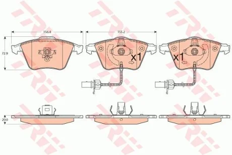 Комплект гальмівних колодок передн, AUDI A4 B6, A4 B7, A6 ALLROAD C6, A6 C6, A8 D3 SEAT EXEO, EXEO ST 2.0-6.0 10.02-05.13 TRW GDB1554