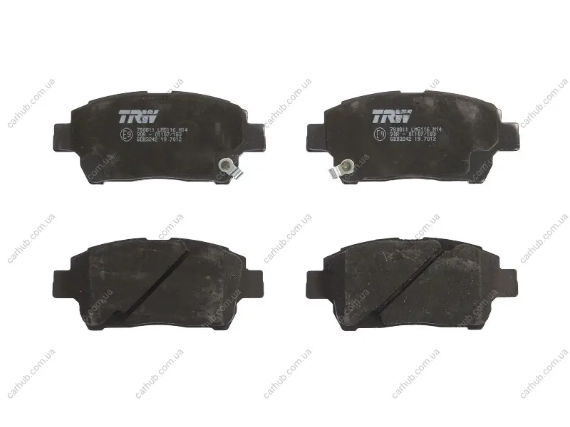 Комплект гальмівних колодок передн, TOYOTA BB I, CELICA, COROLLA, COROLLA VERSO, IST, MR2 III, PRIUS, PROBOX / SUCCEED, WILL CYPHA I, YARIS, YARIS VERSO 1.0-1.8 05.97-08.14 TRW GDB3242 (фото 1)