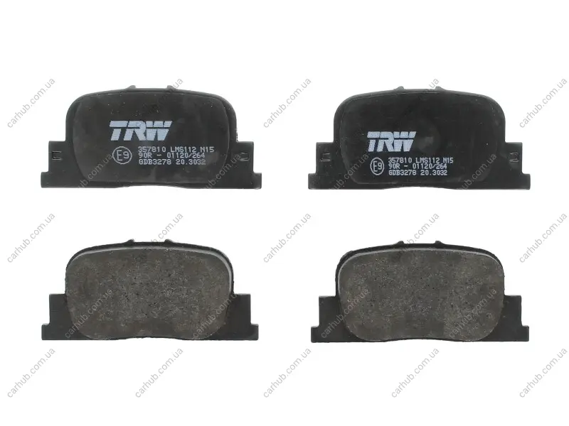 Комплект гальмівних колодок задн, BYD F3, F3R, G3, G3R LEXUS ES TOYOTA CALDINA, CAMRY, MARK II, OPA, PRIUS 1.5-3.0 08.96- TRW GDB3278 (фото 1)