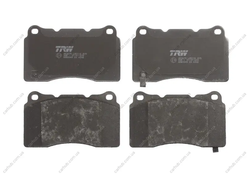 Комплект гальмівних колодок передн, CADILLAC ATS, STS CHEVROLET CORVETTE CHRYSLER 300C DODGE CHALLENGER, CHARGER, VIPER MITSUBISHI LANCER VI, LANCER VII, LANCER VIII 1.6-Electric 01.98- TRW GDB3349 (фото 1)