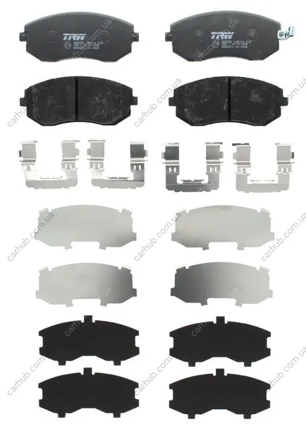 Комплект гальмівних колодок передн (з комплектуючими), SUBARU FORESTER, IMPREZA, LEGACY IV, LEGACY V, OUTBACK, TRIBECA, XV 1.5-3.6 12.00- TRW GDB3371 (фото 1)