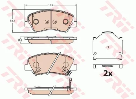 Комплект гальмівних колодок передн, HYUNDAI ACCENT IV, ACCENT V, I20 ACTIVE, I20 II, SOLARIS KIA RIO III, RIO IV, STONIC 1.0-1.6D 11.10- TRW GDB3630