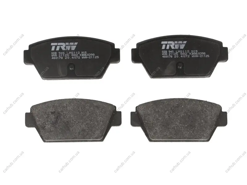 Комплект гальмівних колодок задн, MITSUBISHI COLT II, COLT III, ECLIPSE I, GALANT V, GALANT VI, GALANT VII, LANCER IV 1.5-2.4 06.84-08.96 TRW GDB945 (фото 1)