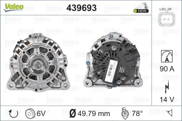 Генератор (14В, 80А, новий) CITROEN C2, C2 ENTERPRISE, C3 I, C3 II, C3 PLURIEL, C4, C4 I, C-ELYSEE PEUGEOT 1007, 206, 207, 301, 307 1.1-1.6LPG 09.98- Valeo 439693 (фото 1)