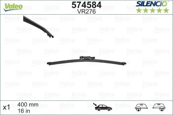 Щітка склоочисника безкаркасна задн (1шт) VR276 Silencio Xtrm 400мм MERCEDES VIANO (W639) FIAT DOBLO, DOBLO CARGO OPEL COMBO, COMBO TOUR PORSCHE MACAN, PANAMERA 09.07- Valeo 574584 (фото 1)