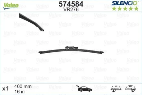 Щітка склоочисника безкаркасна задн (1шт) VR276 Silencio Xtrm 400мм MERCEDES VIANO (W639) FIAT DOBLO, DOBLO CARGO OPEL COMBO, COMBO TOUR PORSCHE MACAN, PANAMERA 09.07- Valeo 574584