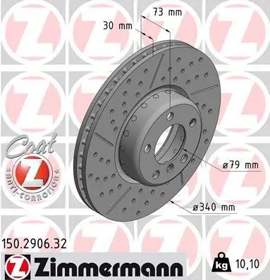 Диск гальмівний (передній) BMW 1 (F20/F21)/3 (F30/F80) (340x30) (з покриттям) (з прорезом) ZIMMERMANN 150.2906.32 (фото 1)