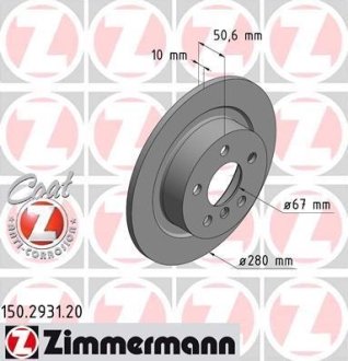 Диск гальмівний (задній) BMW 2 (F44-46)/X1 (F48) /i3 Hybrid 13- (280x10) ZIMMERMANN 150.2931.20