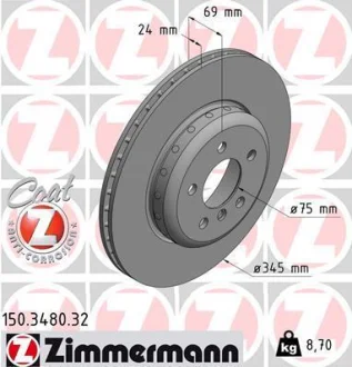 Диск гальмівний (задній) BMW 5 (F10/F11)/6 (F06/F13)/ 7 (F01-04) 09- (345x24) (з покриттям) (вент.) ZIMMERMANN 150.3480.32