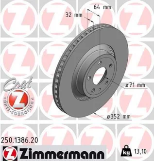 Диск гальмівний (передній) Ford Mustang 2.3/5.0 15-23 (352x32) ZIMMERMANN 250.1386.20