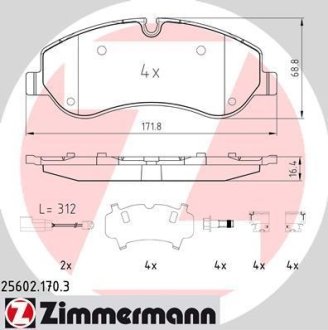 Колодки гальмівні (передні) Ford Transit Custom/Tourneo Custom V362 12-/Transit V363 13- ZIMMERMANN 25602.170.3