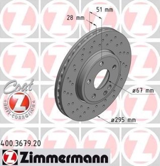 Диск тормозной (передний) MB A-class (W176)/B-class (W246/W242) 11- (295x28)(с покр)(вент)(с отверстиями)) ZIMMERMANN 400.3679.20