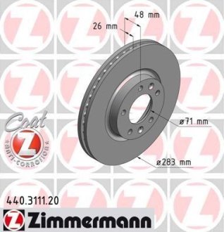 Диск тормозной (передний) Peugeot 407 04-10/Opel Combo 18-/508 10-18 (283x26) (с покр.) (вентилированный)) ZIMMERMANN 440.3111.20