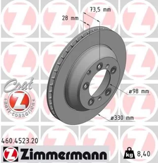 Диск гальмівний (задній) Porsche Cayenne 2.9-4.0 17-23 (330x28) (з покриттям) ZIMMERMANN 460.4523.20